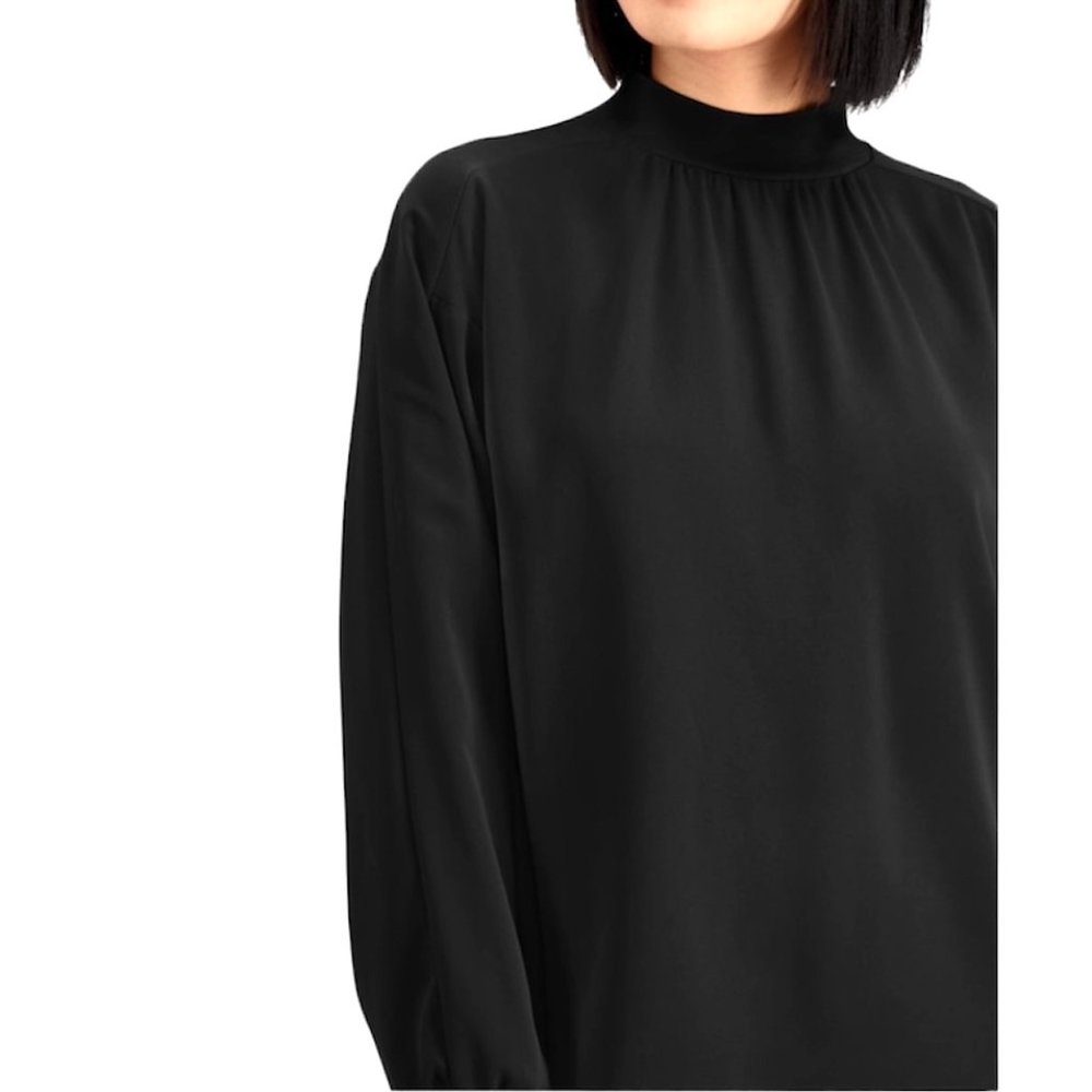 New Alfani Mock Neck Knit Trim Long Sleeve Woven Blouse Black Size Small